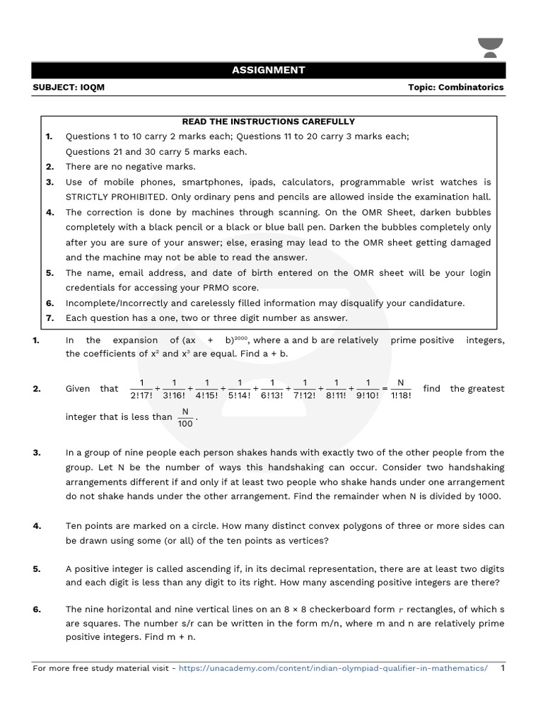 Assignment Combinatorics Question | PDF | Numbers | Integer