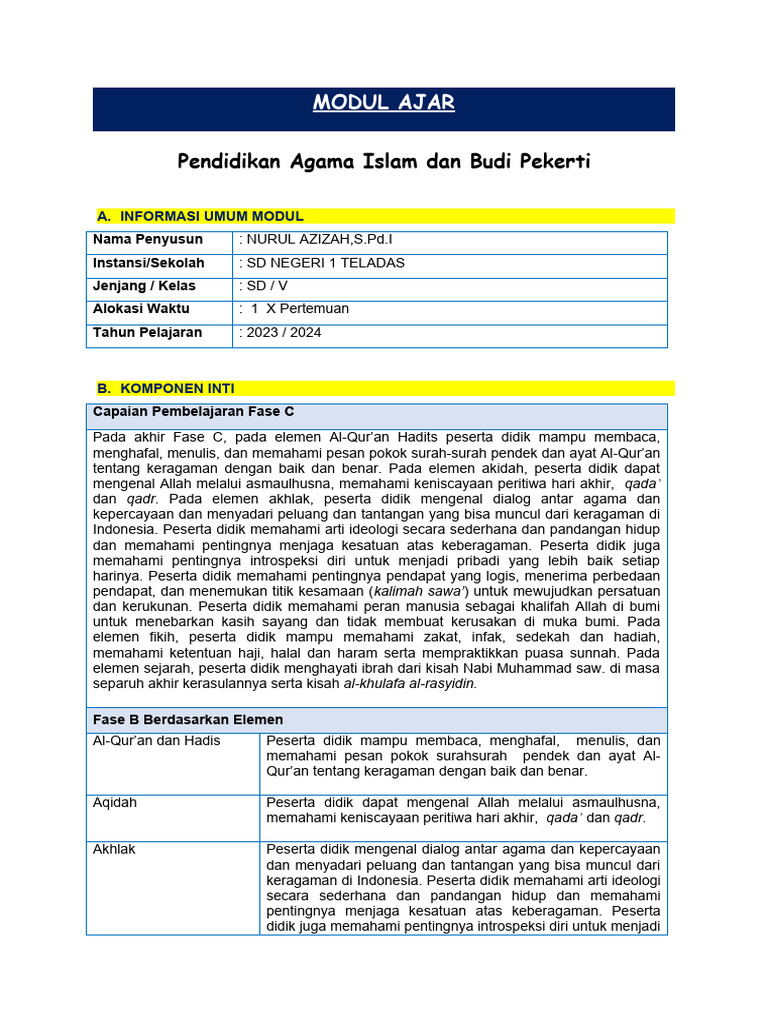 Modul Ajar Pai Kelas 5 Bab 7 | PDF