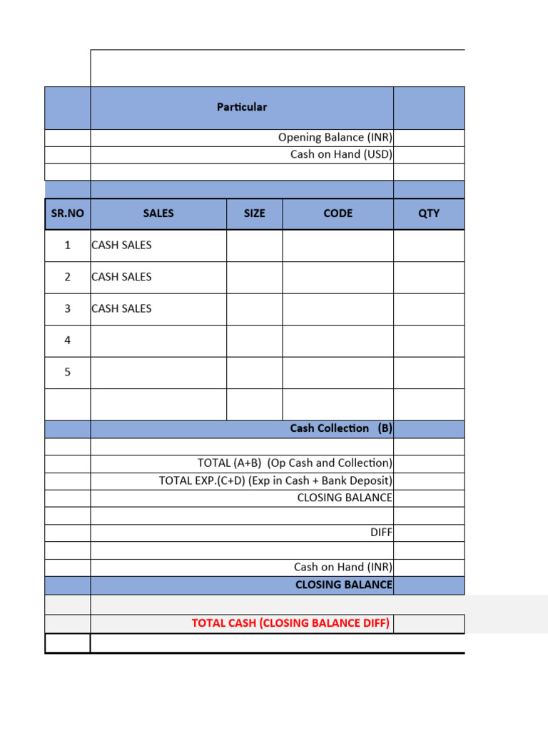 Cash Sheet Format PDF