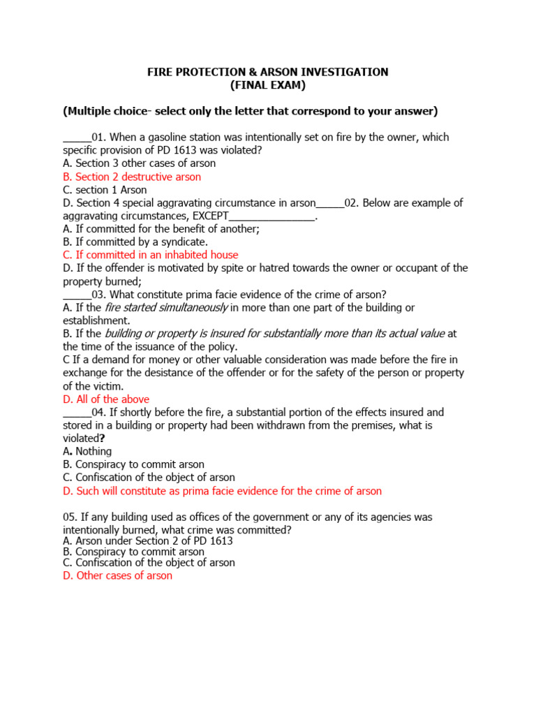 Arson Investigation Exam Questions | PDF | Fire Sprinkler System | Arson