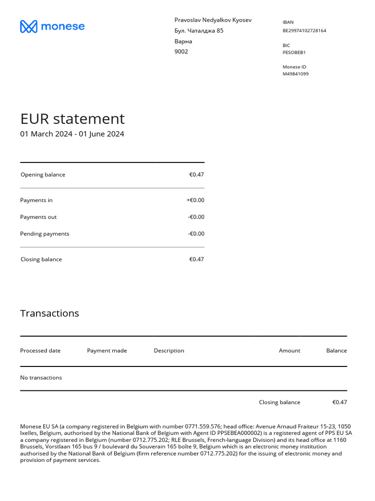 Monese Statement 01 March 2024 01 June 2024 PDF | PDF