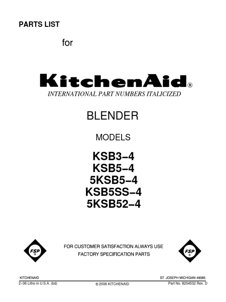 Kitchenaid KSB5 Blender Parts List | PDF