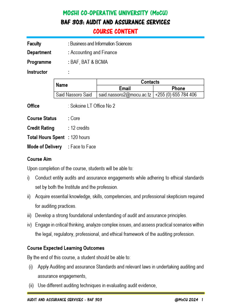 Audit & Assurance Course Guide | PDF | Internal Control | Audit