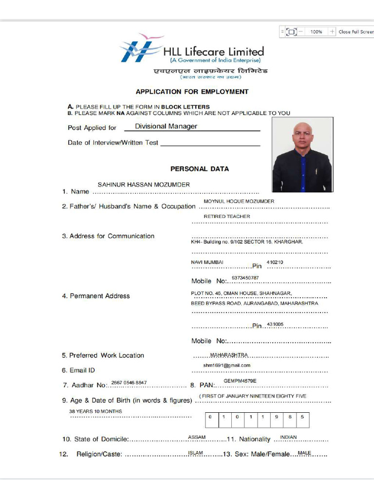 HLL Filled Form 1 | PDF
