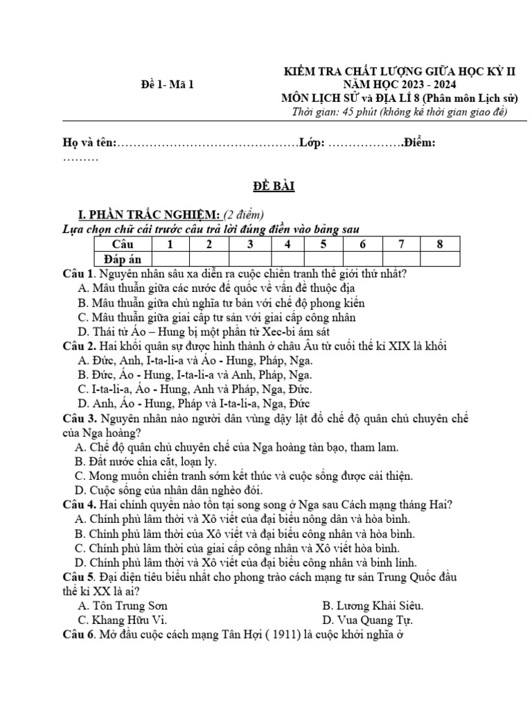 ĐỀ KT GK 2 SỬ 8 | PDF