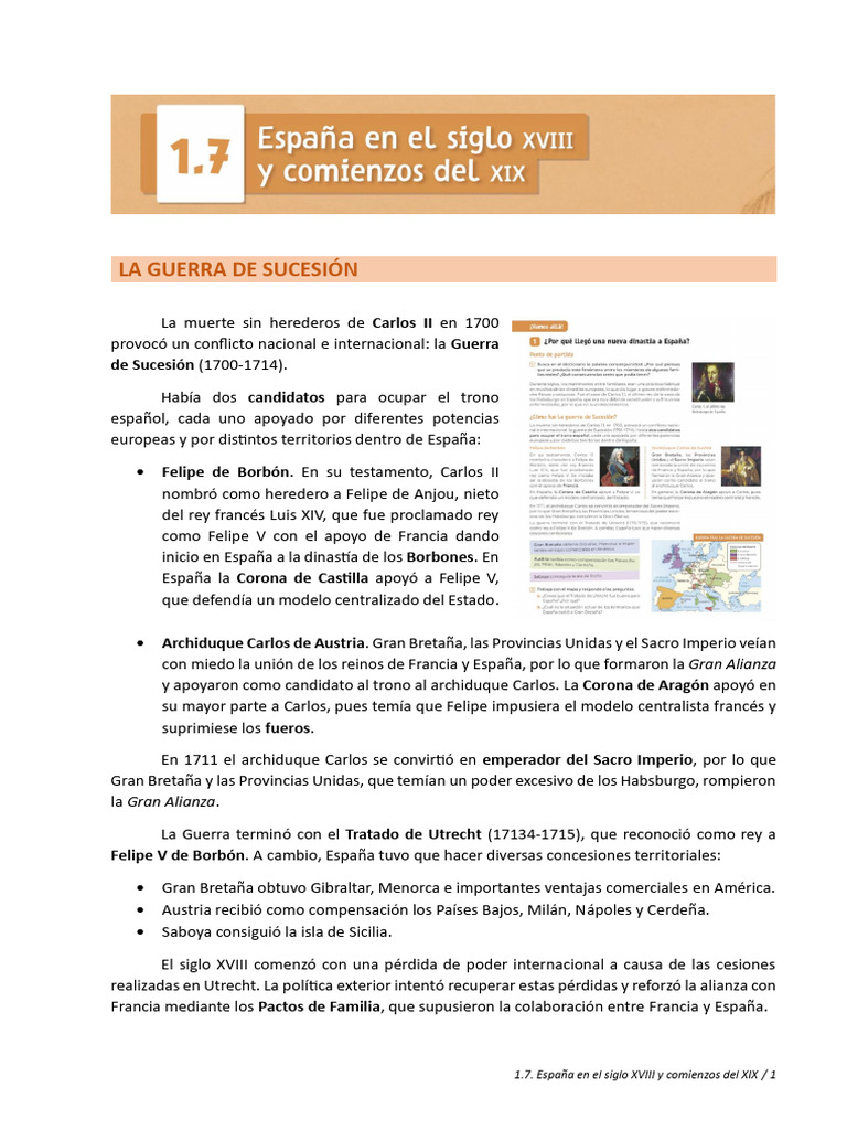 1.7. España en El Siglo XVIII y Comienzos Del XIX (Síntesis) | PDF ...
