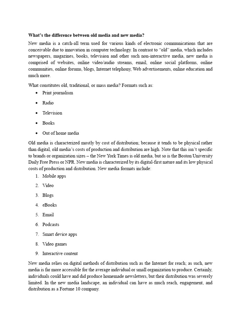Old Media vs. New Media Explained | PDF | Mass Media | New Media