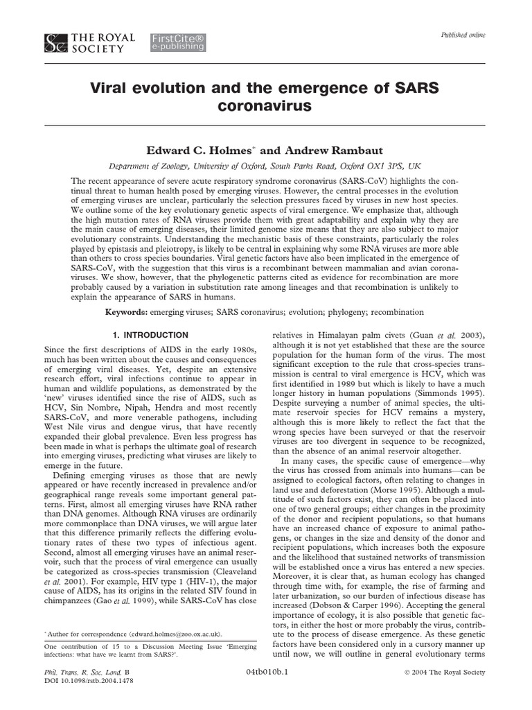 Holmes & Rambaut (2004) Phil Trans R Soc | PDF | Virus | Mutation