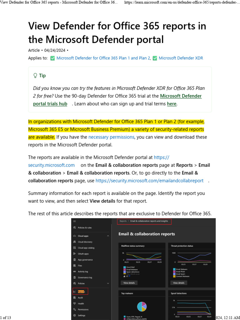 View Defender For Office 365 Reports - Microsoft Defender For Office ...