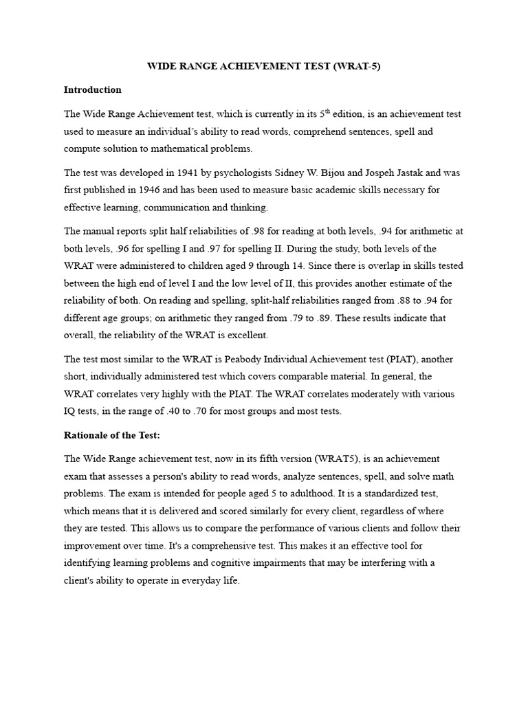 WRAT-5 Test Overview and Results | PDF | Cognition | Neuroscience