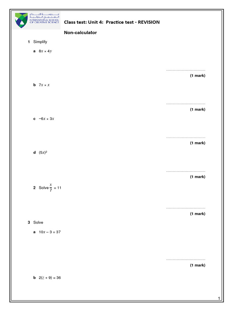 Unit 4 Practice Test: Algebra & Geometry | PDF | Length | Mathematics