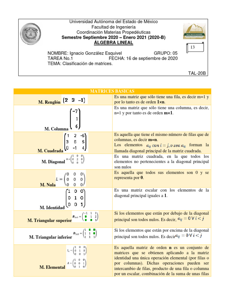Clasificación de Matrices en Álgebra Lineal | PDF | Matriz (Matemáticas ...
