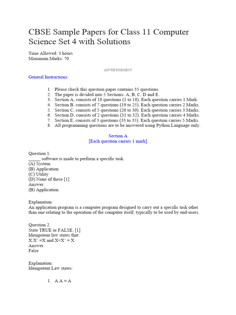 Cbse sample papers for class 11 computer science set 4 with solutions