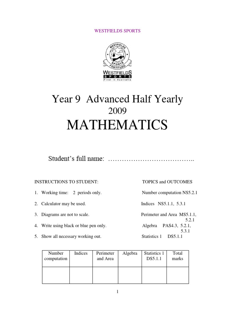 Year 9 Advanced Mathematics Exam Guide | PDF | Area | Numbers