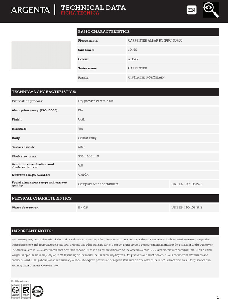 Carpenter Albar RC 30x60 Tile Specs | PDF | Tile