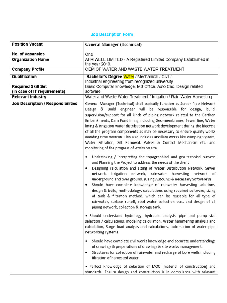 RR - JD For General Manager (Technical) | PDF | Civil Engineering | Water