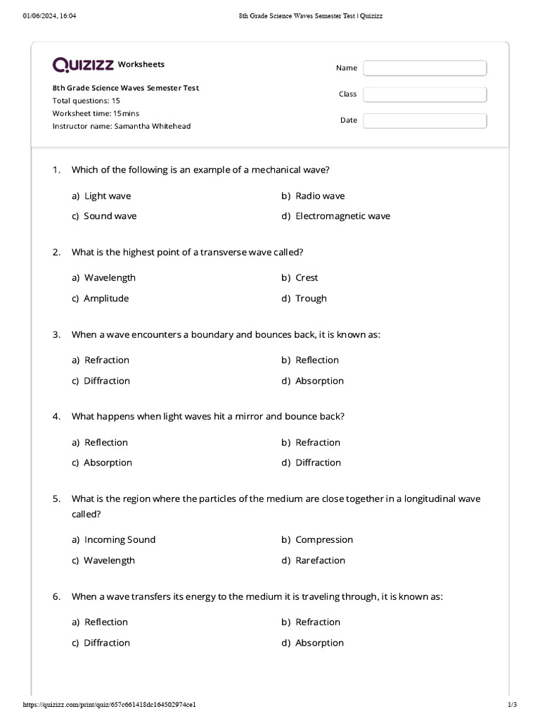 8th Grade Science Waves Test | PDF | Waves | Reflection (Physics)