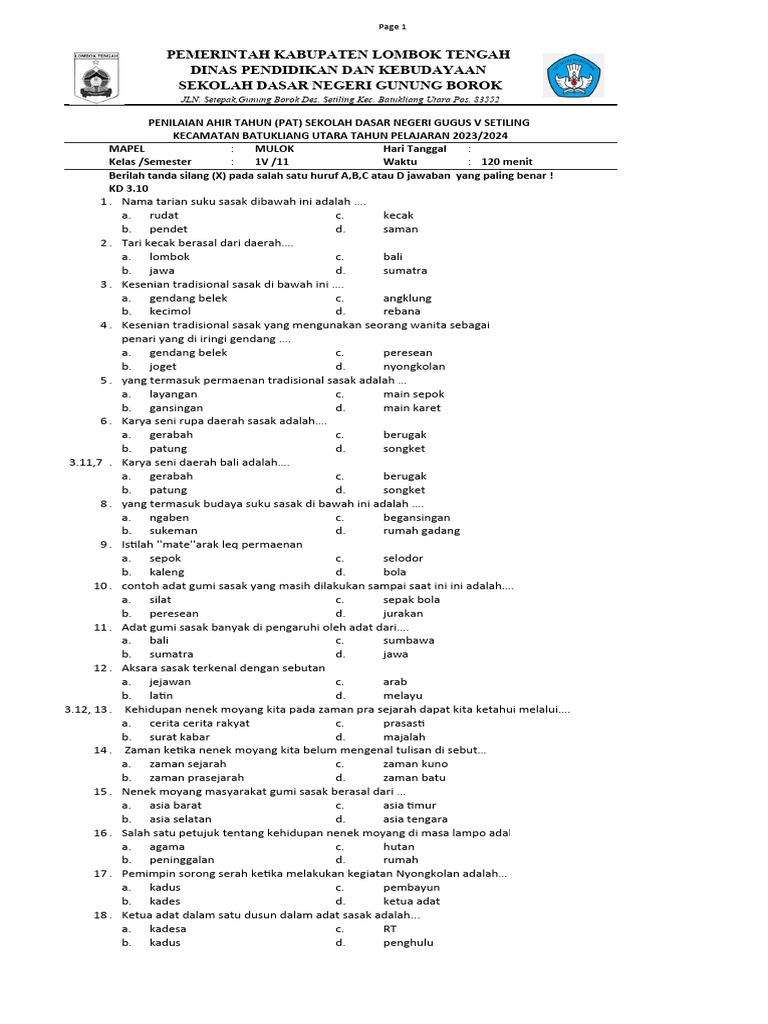 Mengasah Kemampuan Berbahasa Sasak Sejak Dini: Kumpulan Soal Latihan Bahasa Sasak Kelas 3 SD yang Menginspirasi