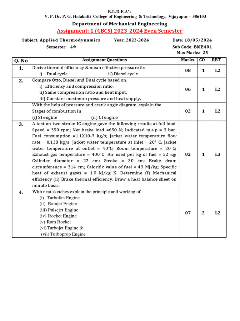 Applied Thermodynamics Assignment 2023 | PDF | Engines | Diesel Engine