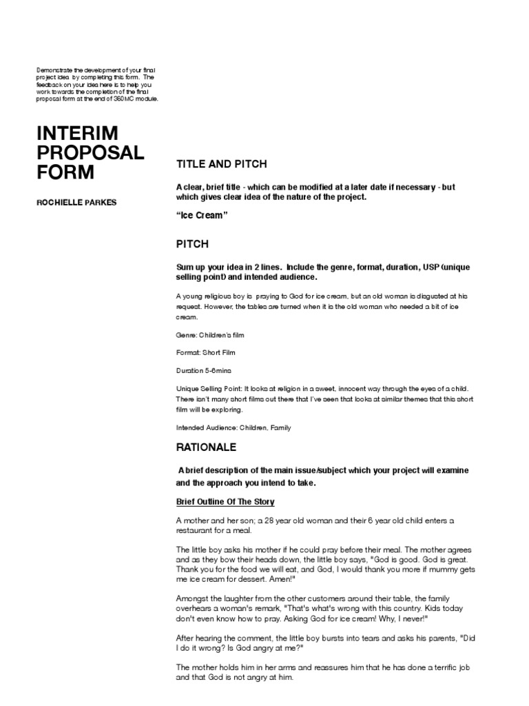 Interim Proposal Form: Title and Pitch | PDF | Cinematography | Prayer