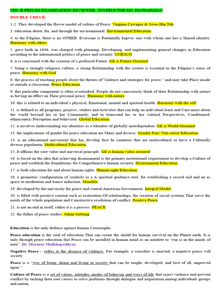Fpe-B Prelim Examination Reviewer | PDF | Peace | Violence