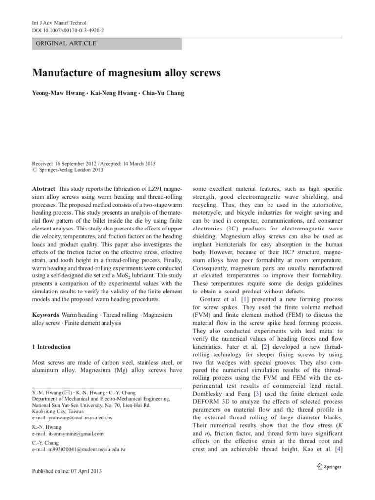 Manufacture of Magnesium Alloy Screws | PDF | Extrusion | Deformation ...