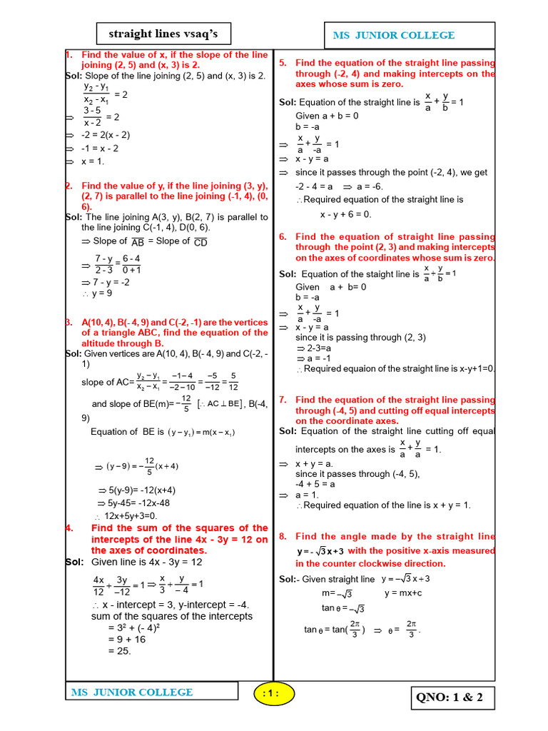 Slope and Line Equations Problems | PDF | Line (Geometry) | Elementary ...