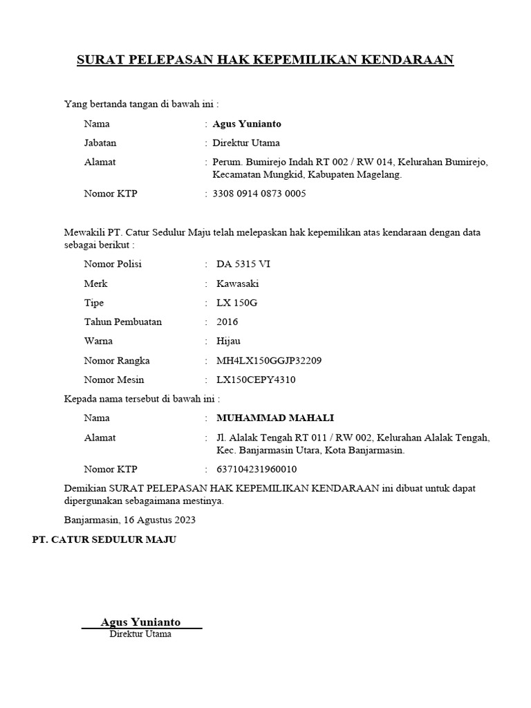 Surat Pelepasan Hak Kendaraan PT | PDF