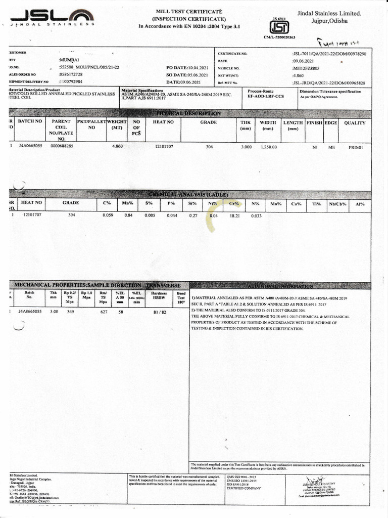 Stainless Steel Certification Document | PDF