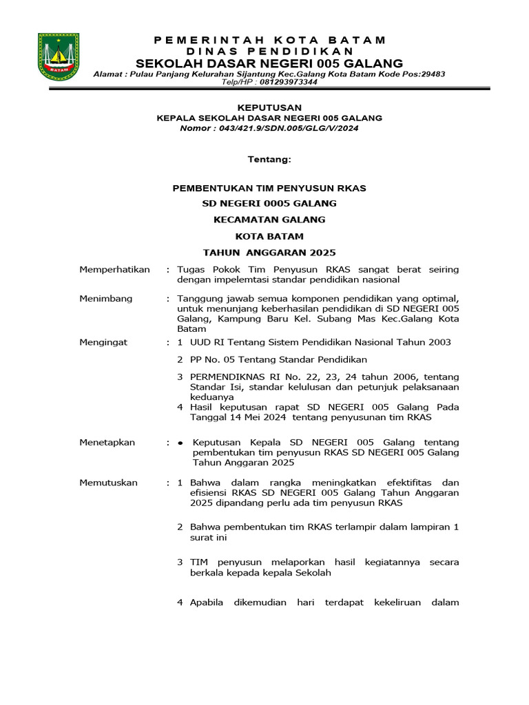 Pembentukan Tim RKAS SDN 005 Galang | PDF