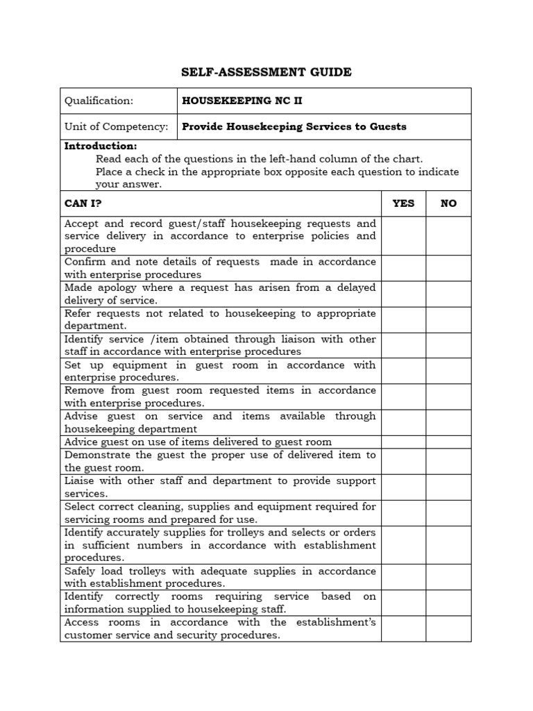 Housekeeping Self-Assessment Guide | PDF | Housekeeping