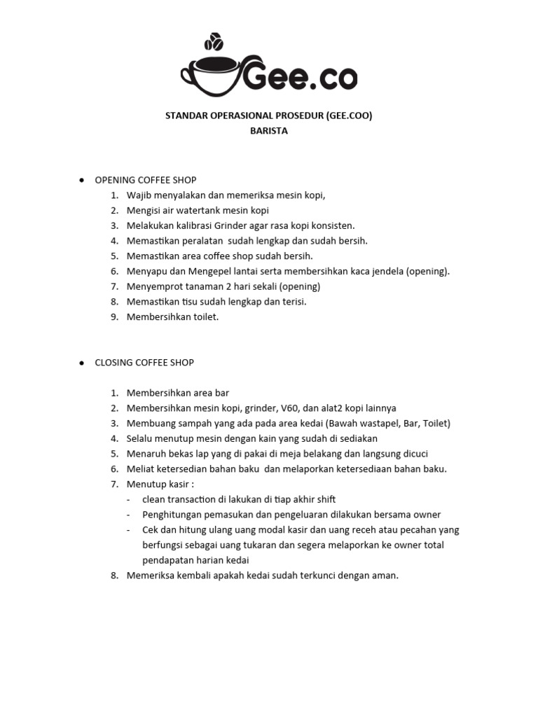 SOP Barista untuk Coffee Shop | PDF