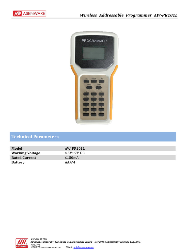 AW-PR101L Wireless Programmer Specs | PDF