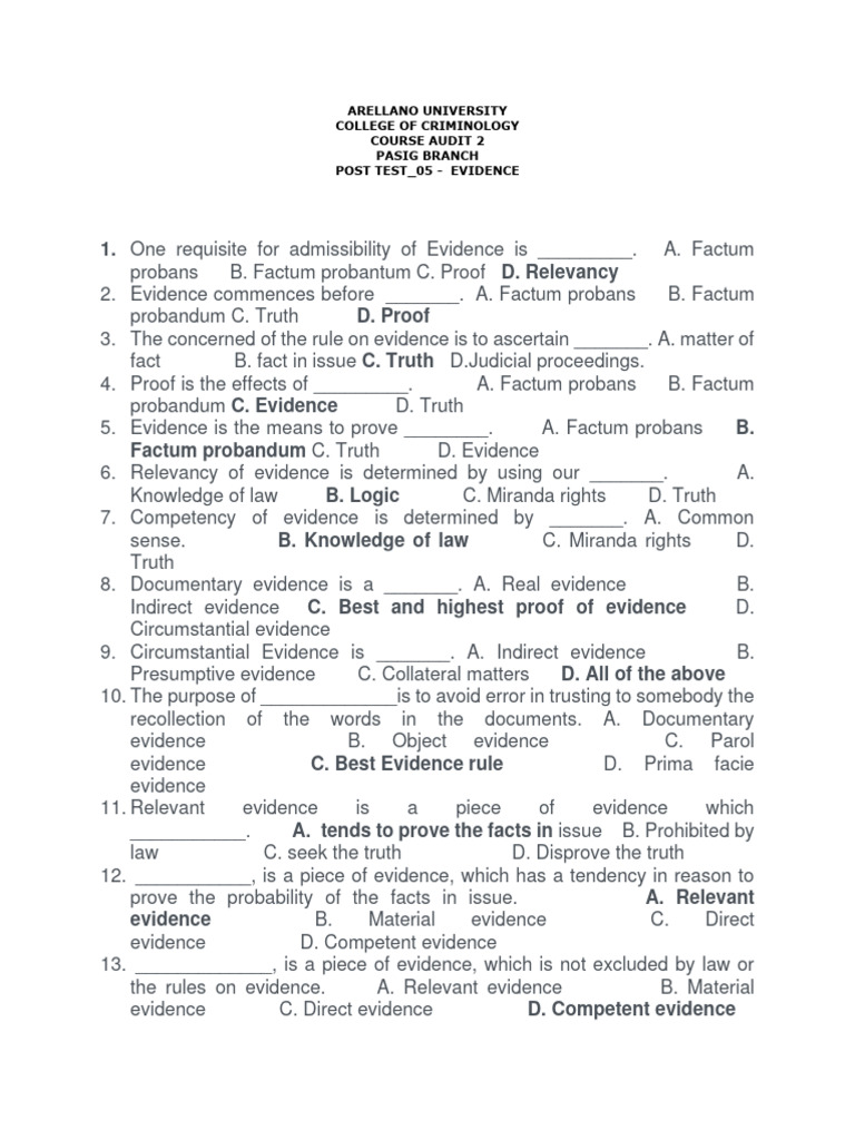 5.post Test 5 PRN Au Coa 2 Pasig Post Test Evidence Key | PDF ...