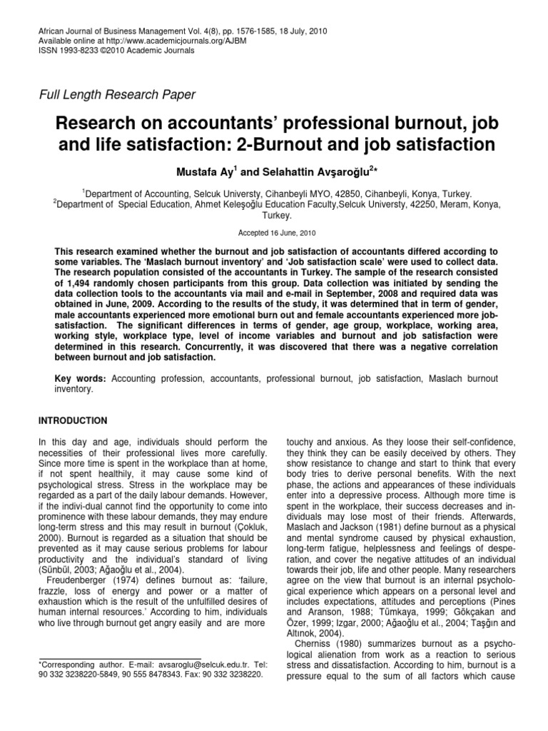 Accountants' Burnout and Job Satisfaction | PDF | Occupational Burnout ...