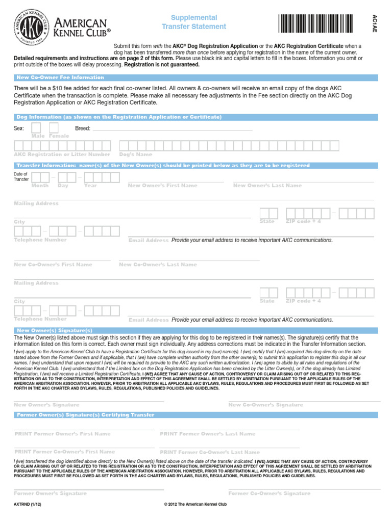 American Kernel Club Transfer Form | PDF | American Kennel Club