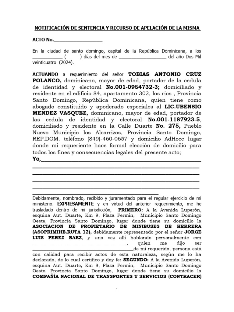 Notificación de Sentencia y Apelación | PDF | Pagos | República Dominicana