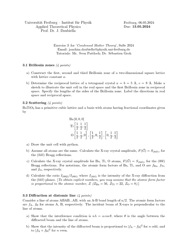 Condensed Matter Theory Exercise 3 | PDF | Crystal Structure ...