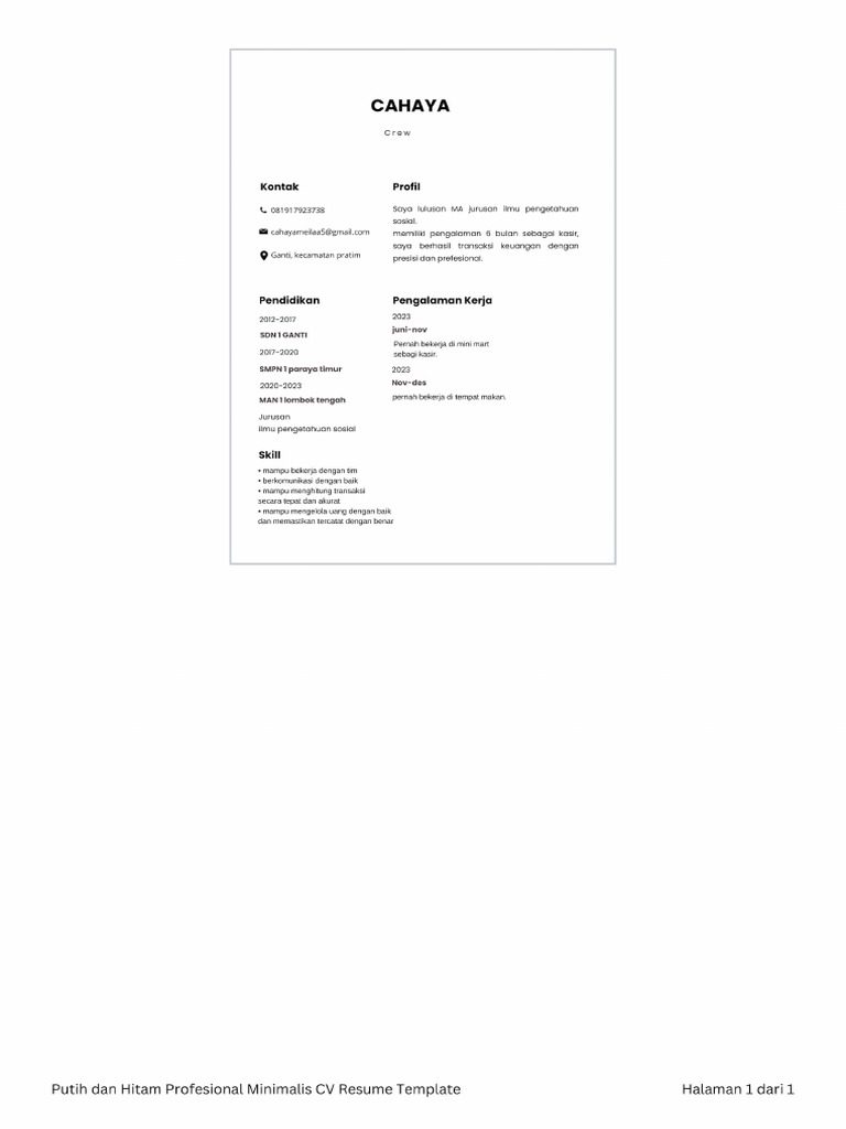 Putih Dan Hitam Profesional Minimalis CV Resume Template | PDF