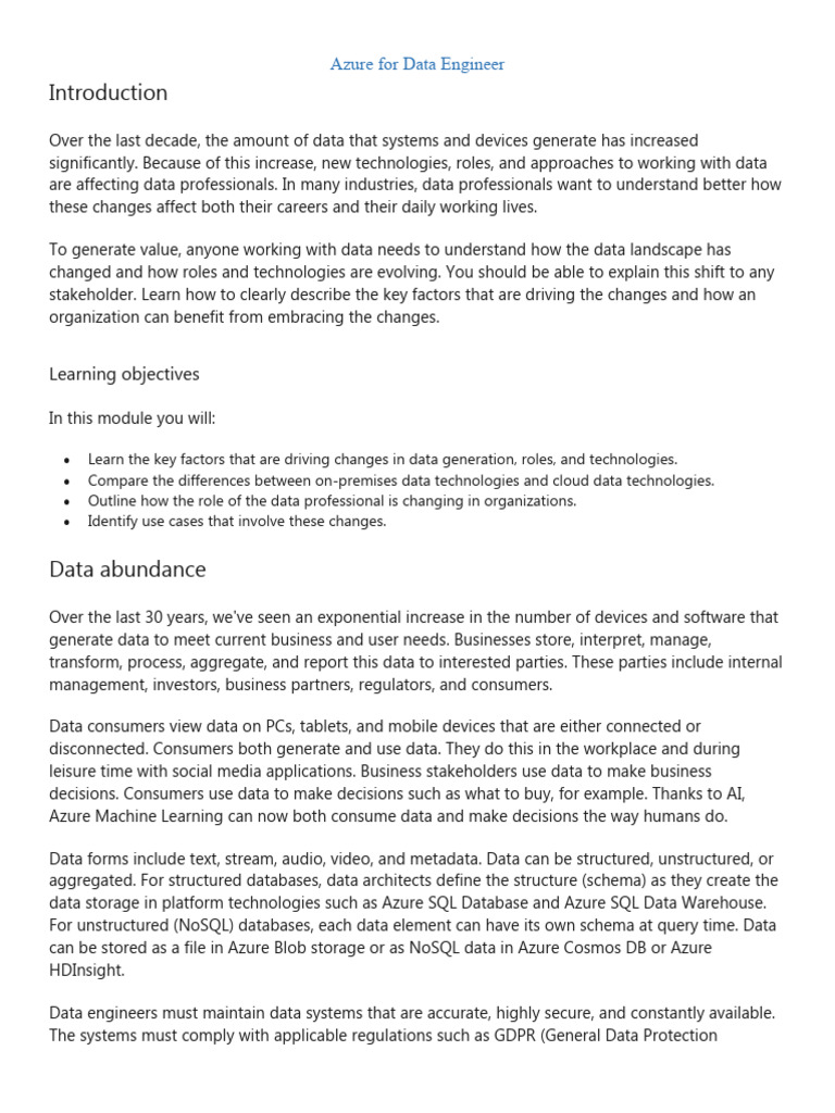Azure Data Engineering Overview | PDF | Cloud Computing | Microsoft Azure