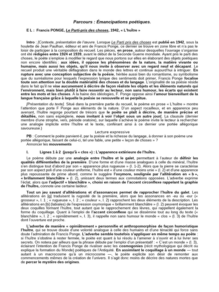 L'huître de Francis Ponge : Une analyse | PDF | Poésie | Métaphore