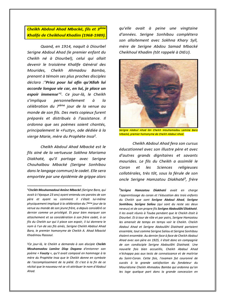 Cheikh Abdoul Ahad Mbacké, 3ème Khalife | PDF | Sénégal