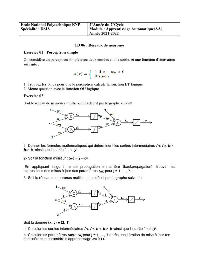 Exercices Corrigés sur les Réseaux de Neurones | PDF | Apprentissage ...