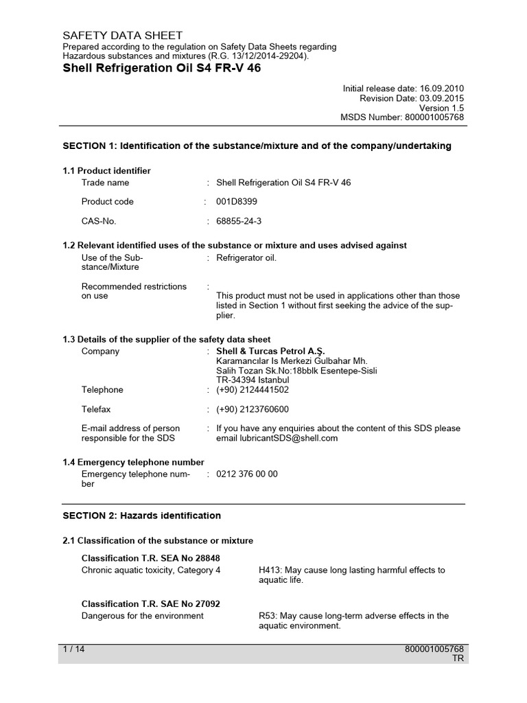 Excellent MSDS Shell HFC 134a Oil Alkyl Benzene 46 | Download Free PDF ...