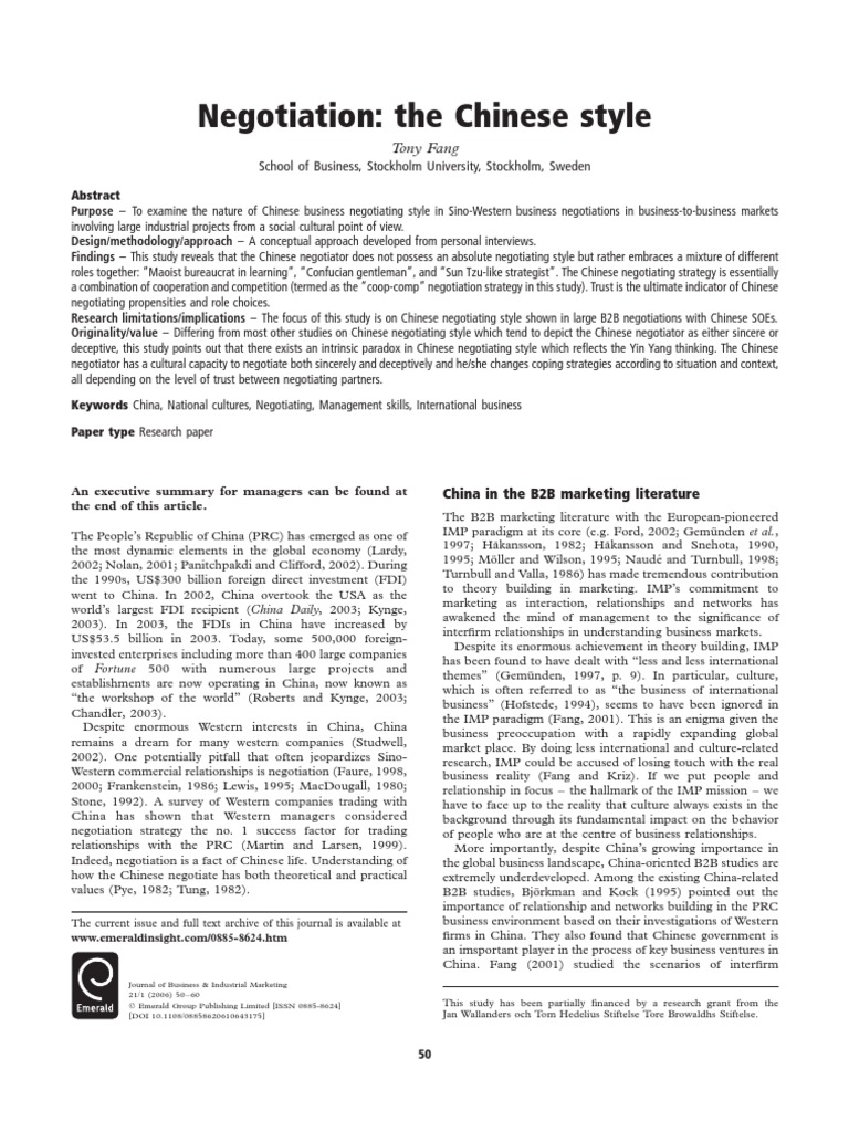 Negotiation The Chinese Style Tony Fang Pdf Negotiation Yin And
