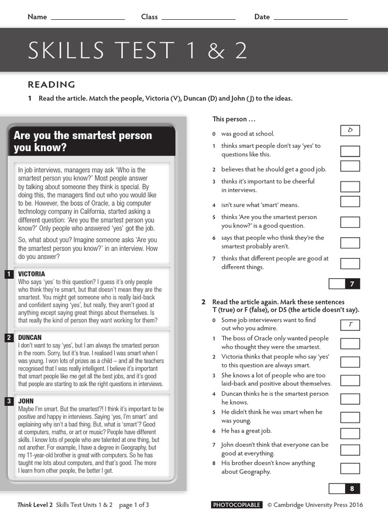 Think Level 2 Skills Test Units 1-2 | PDF