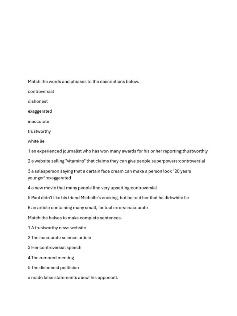 Match The Words and Phrases To The Descriptions Below | PDF