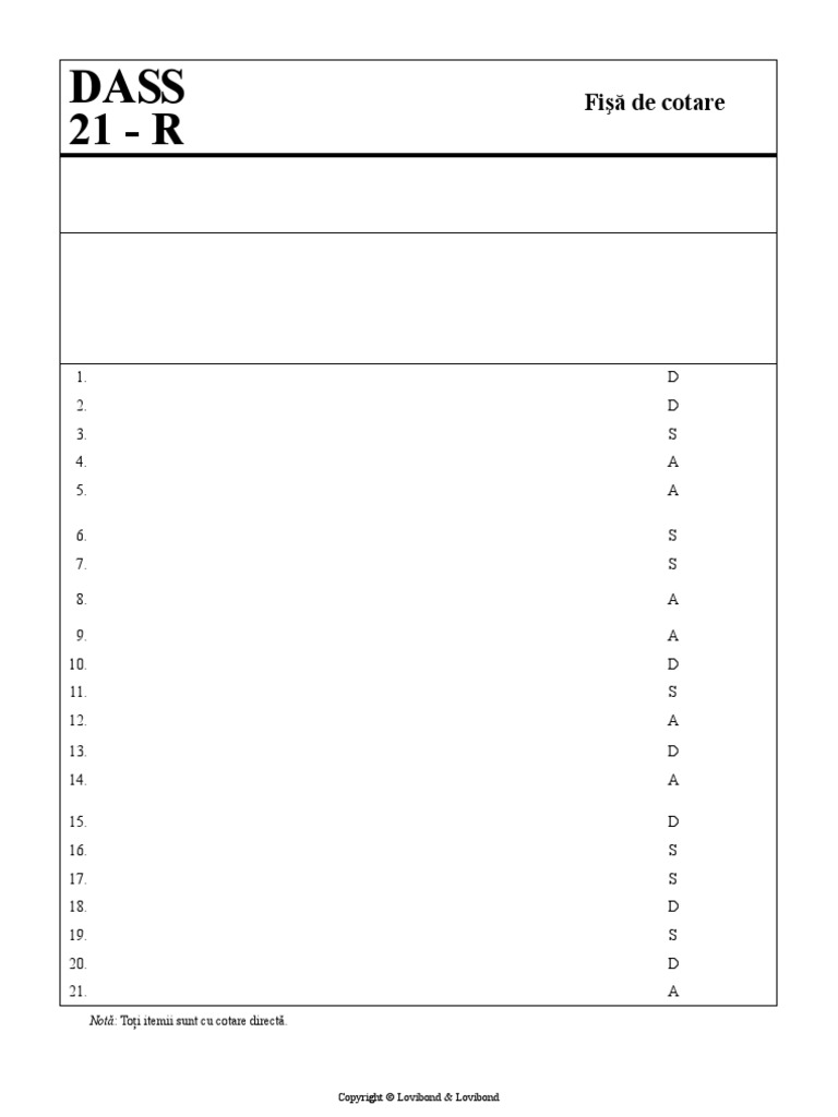 DASS-21ro Perte Scoring Sheet | PDF