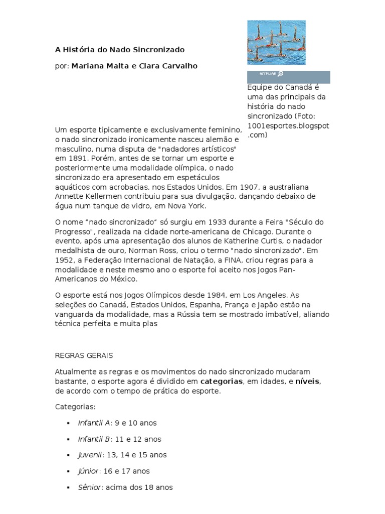 A História do Nado Sincronizado de esporte aquático de exibição a