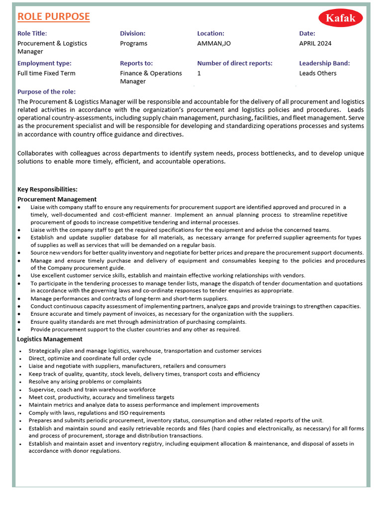Procurement & Logistics Manager Role | PDF | Procurement | Logistics